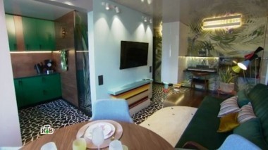 Гостиная и кухня с элементами меди, пальмовых листьев и колотой плитки 29.04.2017